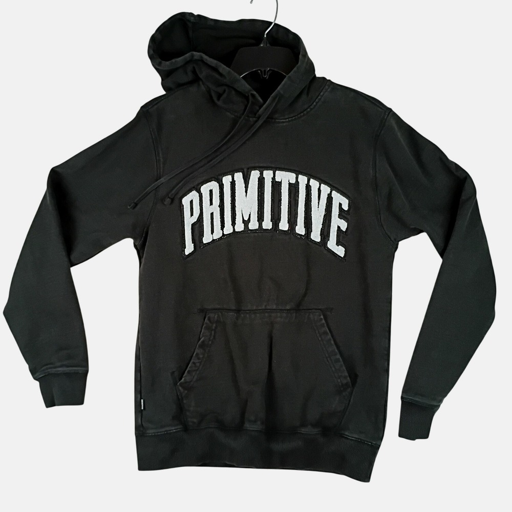 Primitive Arched Logo Hoodie Mens Small Black Skateboarding Chenille Pullover